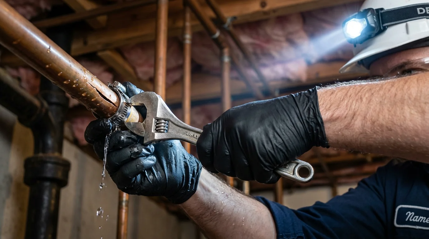 Emergency pipe clamp repair being performed by a Johns Plumbing LLC plumber in Caseyville