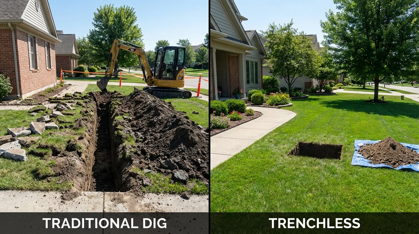 Trenchless sewer repair with minimal yard damage versus traditional excavation in Caseyville, IL